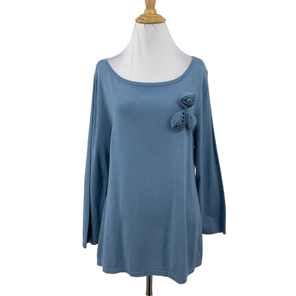 DLG Sweater Women L Large Blue Nylon Blend Floral Applique Boat Neck Long Sleeve